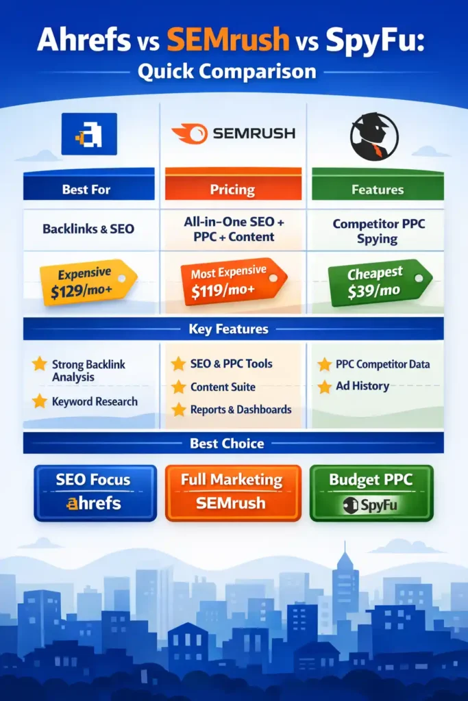Ahrefs vs SpyFu vs SEMrush — Which is best?